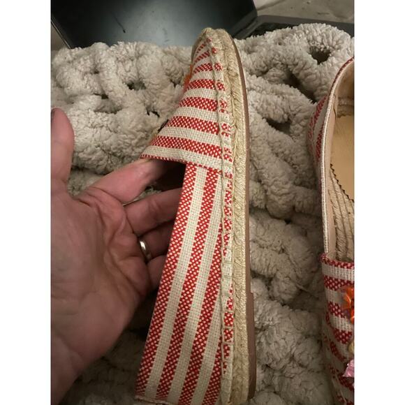 J.Crew Red Stripe Espadrilles Raffia Parrot Palm Tree Flats Vacation Cruise 8,5 - Picture 6 of 9